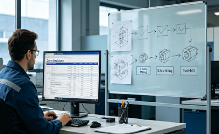 A professional engineer compares a detailed CNC machining quote on a computer screen to a whiteboard diagram showing how an unclear RFQ leads to three different high-cost process choices.