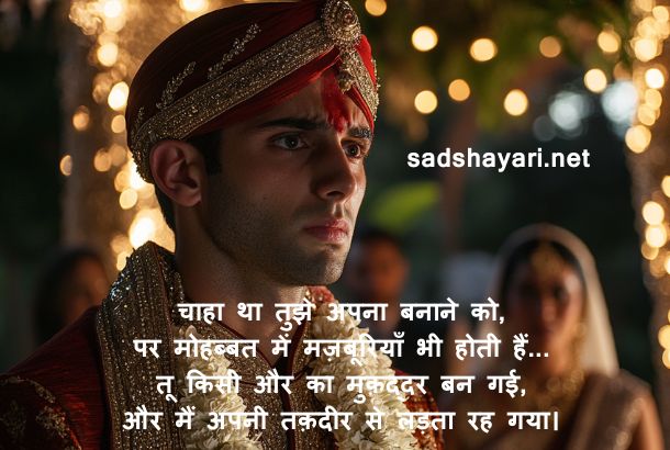 A sad man watching his love get married to someone else, deep pain in his eyes.