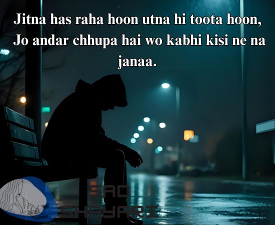A lonely boy sitting under a streetlight at night in the rain, wearing a hoodie with his head down, expressing deep emotional pain and sadness — perfect visual for sad Shayari about hidden pain.